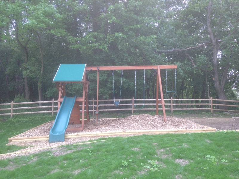 Deluxe Kids Gym Shown with 4-Position Swing Beam! Child Teeter Totter, Tot Swing, Canopy Roof, Earthtone Stain